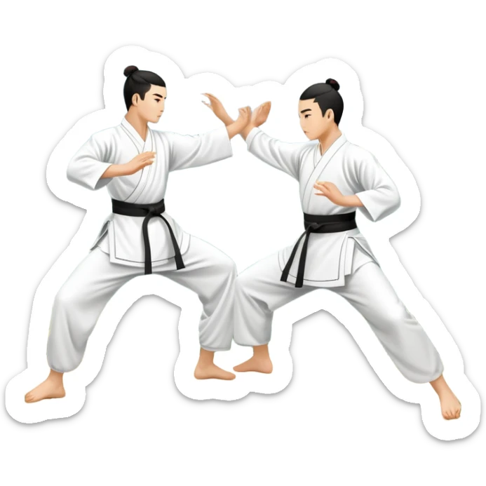 Two martial artists in traditional Wushu attire, performing elegant, fluid moves. The background shows a peaceful, scenic landscape with mountains and bamboo trees, symbolizing the balance of power and grace in Wushu.  sticker