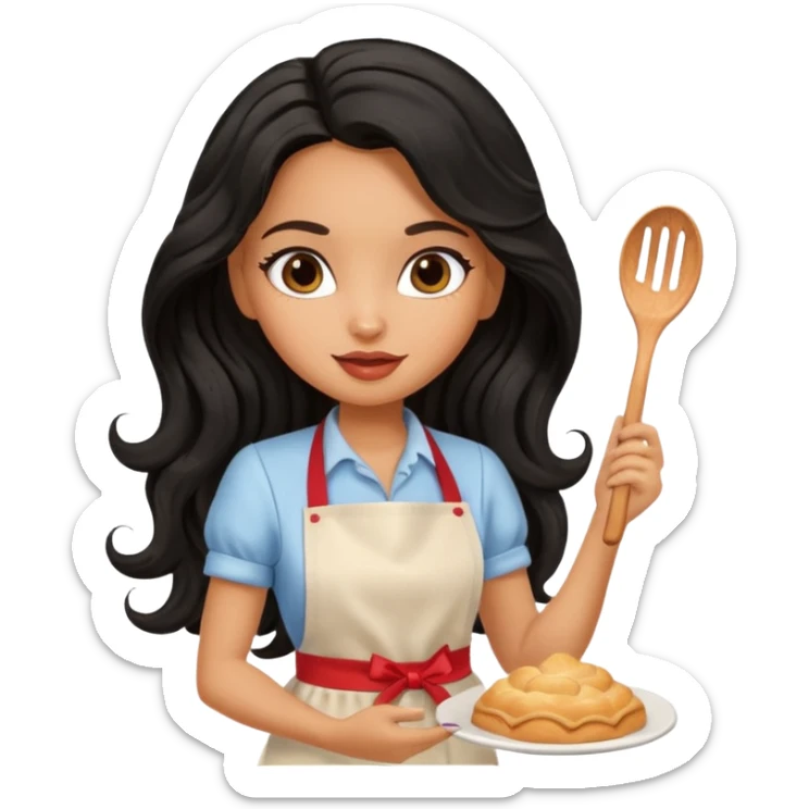 a pretty tan bratz girl with black wavy long hair baking at a restaurant sticker