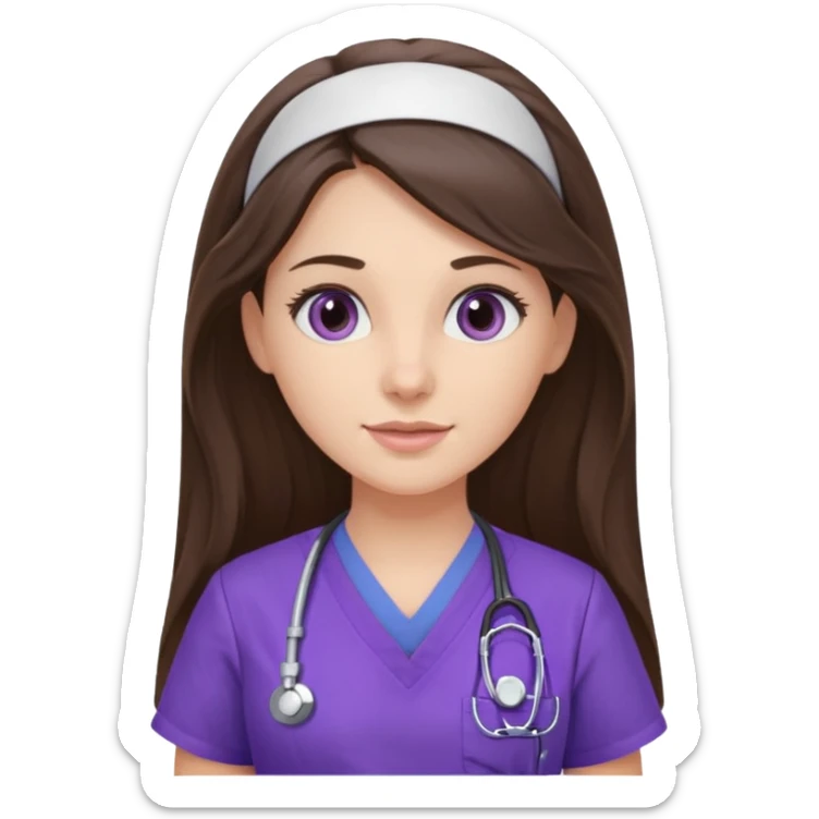 pretty brunette nurse with long hair in purple scrubs sticker