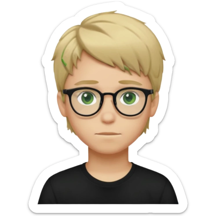 Generate me a profile picture like with a teenage boy who has dirty blond hair, green eyes, glasses and a black t-shirt sticker