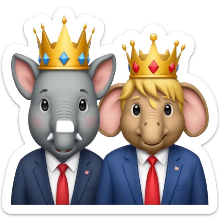 Democratic Party elephant facing Republican Party donkey with face of Donald Trump wearing a crown in between them sticker