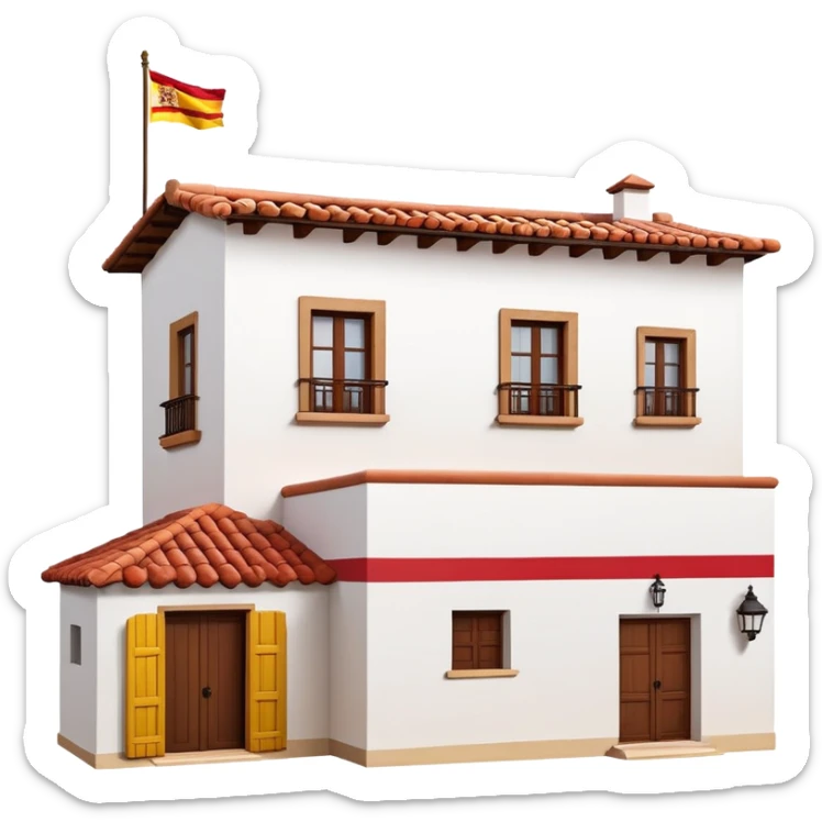 Traditional Spanish hacienda with white walls, terracotta roof, with Spanish flag (red-yellow-red horizontal stripes) hanging prominently from the front sticker