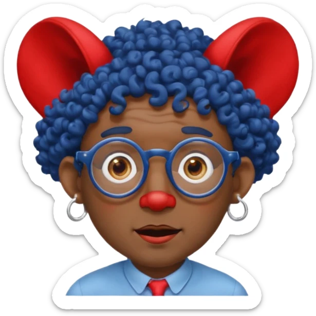 dark blue haired man curly hair with big ears and red earrings and spectacles surprised and hat wearing sticker