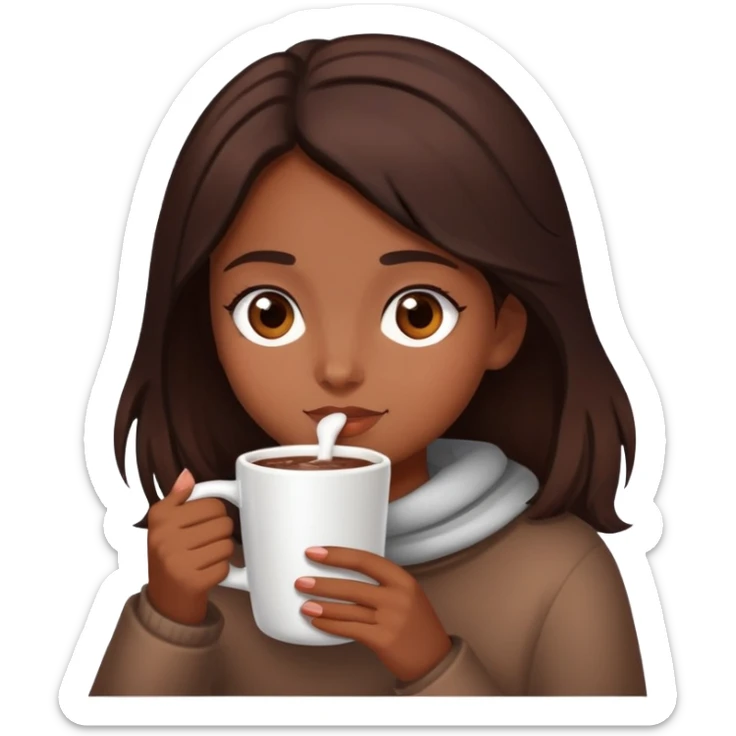 girl with brown dark hair and brown dark eyes drinking a hot chocolate sticker