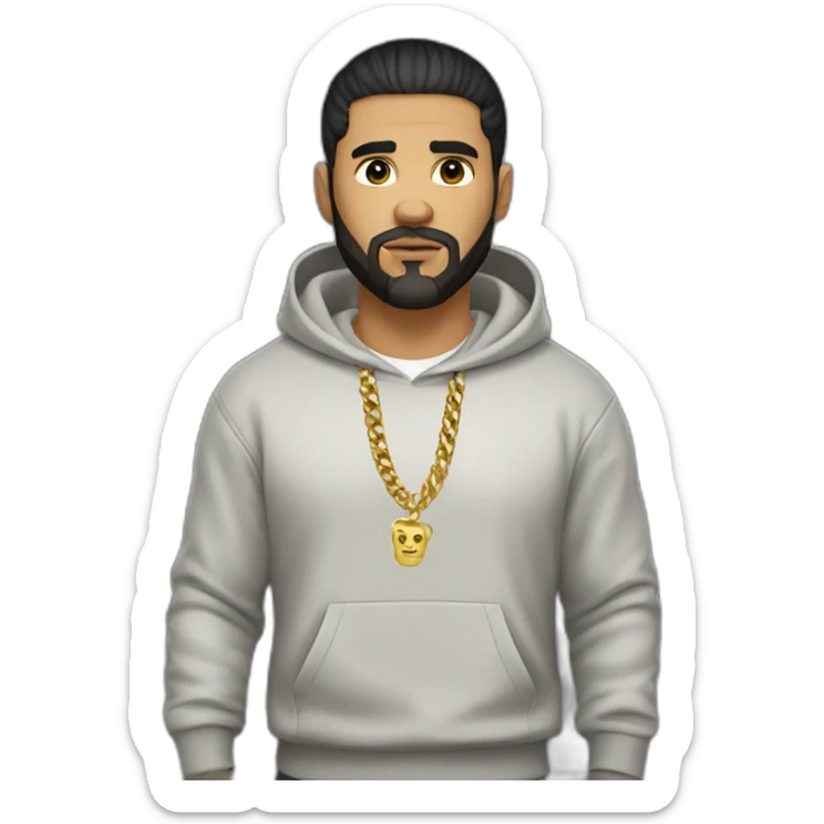 Russian strong thug wearing gold chain with black hair and short beard, mid-fade hairstyle, wearing designer hoodie sticker