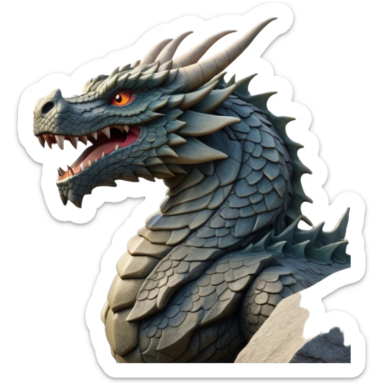 Cinematic Noble Giant Rock Dragon Portrait Emoji, Poised and awe-inspiring, with a massive, rugged form carved from ancient stone, featuring intricately textured scales that resemble weathered granite and basalt, and piercing, stony eyes echoing the strength of timeless mountains; rendered with lifelike detail and earthy natural highlights, high shine, formidable and grounded, styled with an aura of primordial majesty, focused and resolute, soft glowing outline, capturing the essence of an enduring rock titan ready to surge from the screen with ageless power! sticker
