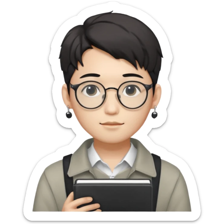 korean male guy 20s wearing an apnotebook, wearing radio earrings, round glasses, achromatic clothes, and achromatic clothes. sticker