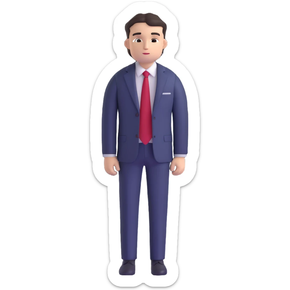 man wearing a dark blue-gray business suit with black horizontal stripes on the arms and legs, white shirt and red tie sticker