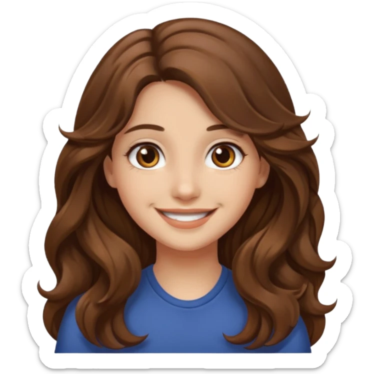 EMOJI IOS SOLO CARA NIÑA PELO LARGO, ONFULADO, MARRON, Y OJOS MARRONES. SONRIENDO, SIN CUELLO Y FONDO TRANSPARENTE sticker