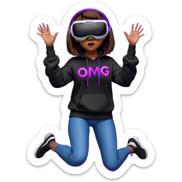brown haired girl with a bob girl wearing black hoody with violet letters "OMG", in vr headset oculus quest2. jumping. Cyberpunk style. Violet neon. sticker