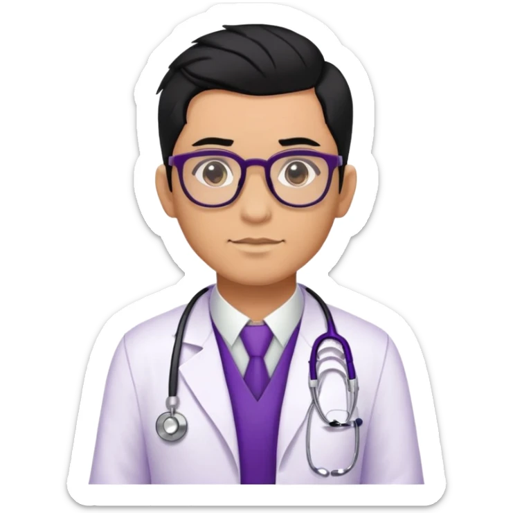 Male doctor tan skin glasses black hair, piercings and tatoos, violet uniform and white bata sticker