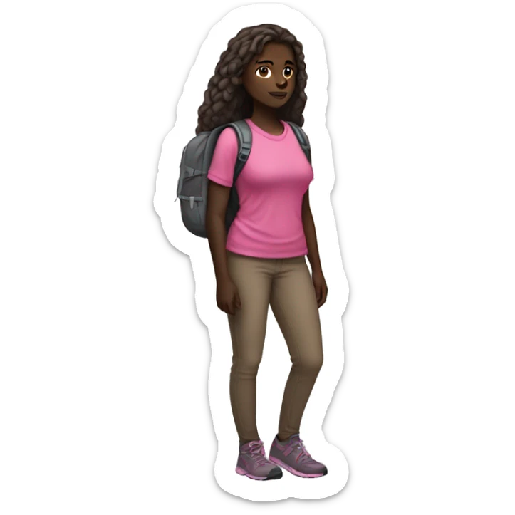 Dark skinned girl hiking full body with pink shirt long hair sticker