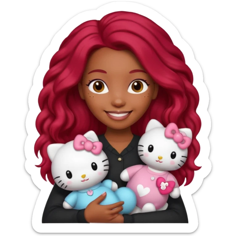 black woman with long brown and red hair, holding a hello kitty plushie  sticker