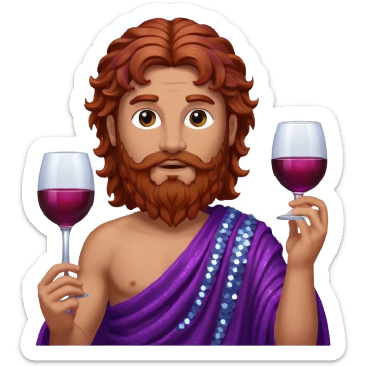 Liber, God of Wine from Roman Deities with long reddish brown wavy hair and beard, purple sequin toga  sticker