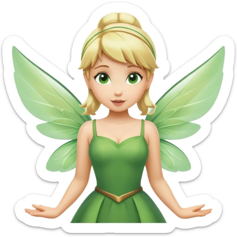 Tinkerbell fairy from hips up, green dress, blonde hair, wings, minimal style, larger size sticker