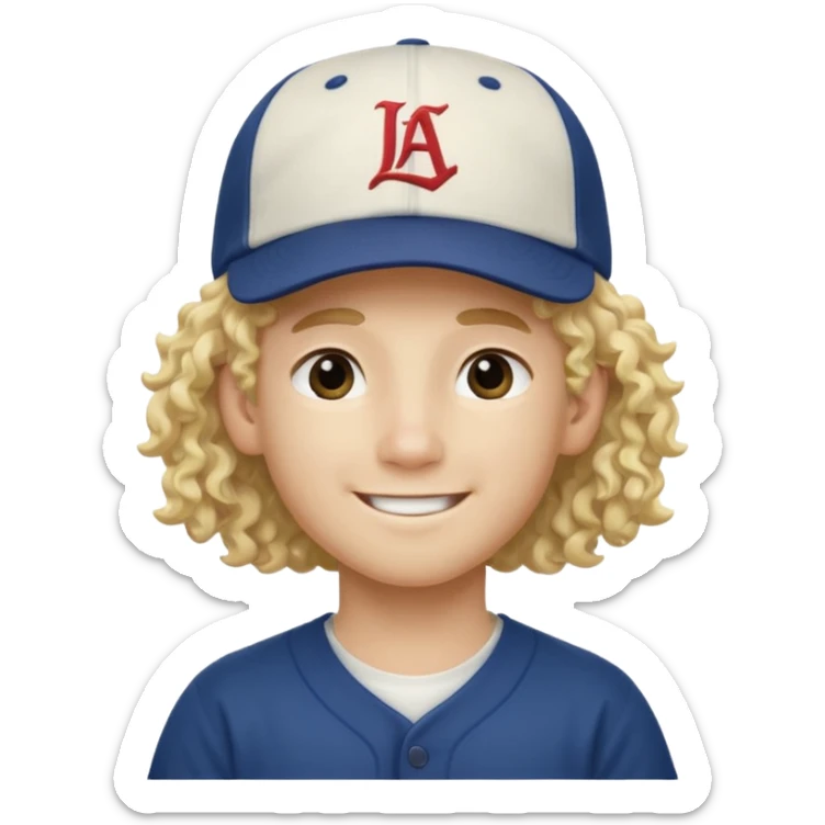 blonde boy with long curly hair past his hears and a LA baseball hat in japanese, smiling sticker