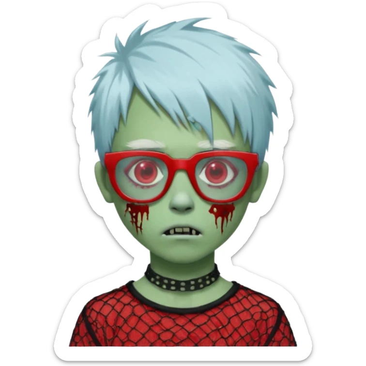 White hair, Ghoulia yelps monster high doll in scene/emo style cherry print dress with fishnet sleeves, clothes, thin, small, red, rectangle glasses, pale white-blue skin, pale-green shaggy short hair , zombie scars , boy, punk choker sticker
