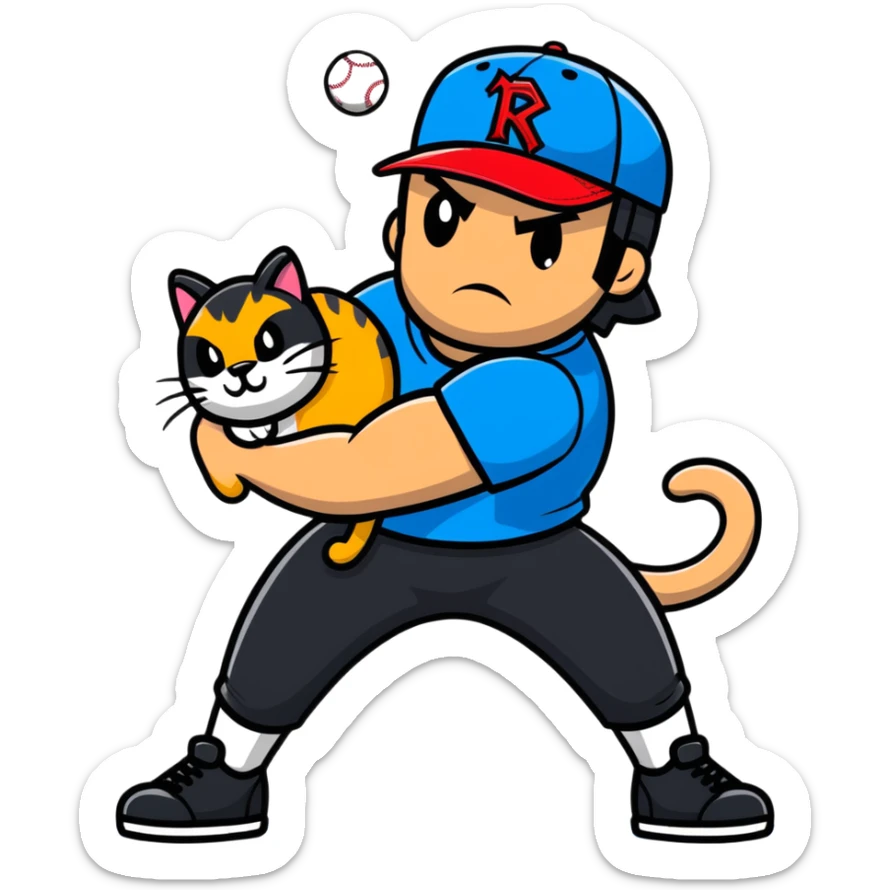 Razor Ramon from Sega WWF Mania video game in his signature pose defeating a cat in a baseball cap sticker