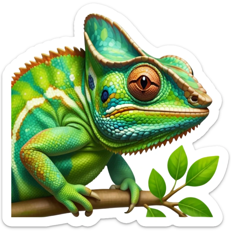 giant-chameleon-realistic emoji,-blending-with-vibrant-greenery.-detailed-scales-in-shifting-colors,-showing-the-chameleon’s-ability-to-camouflage.-soft-natural-light-highlights-its-texture.-nature-background, zoomed into its face sticker