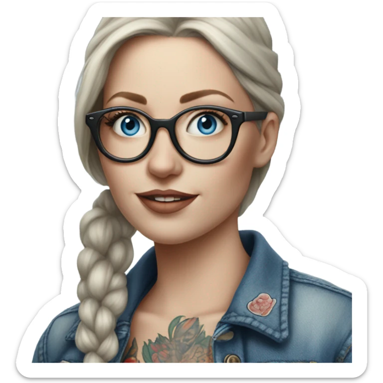 Hyper Realistic pale beautiful tattooed woman with glasses and blue eyes wearing denim jacket sticker