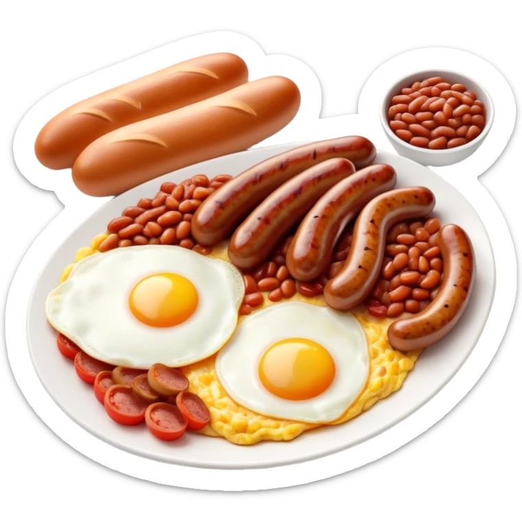 Cinematic Realistic English Breakfast Dish Emoji, showcasing a hearty ensemble of eggs, bacon, sausages, baked beans, and grilled tomatoes rendered with lifelike texture and vibrant, appetizing detail that exudes comforting tradition. sticker