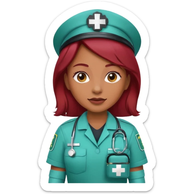 medium brown skin tone woman emoji with red burgundy hair in a paramedic uniform holding a medical bag sticker