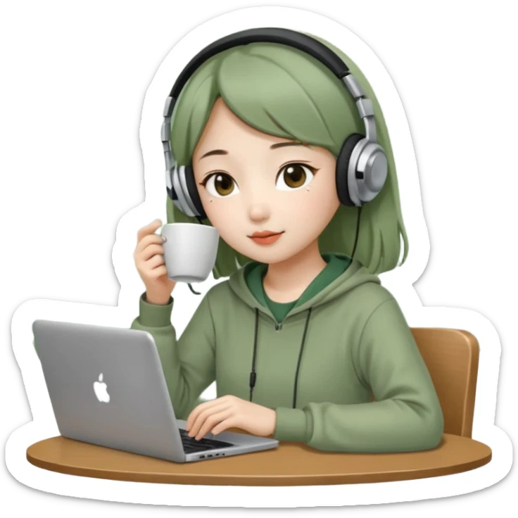 A Korean girl at a dive bar with a laptop and headphones with coffee watchin a korean drama the clothes in sage green sticker