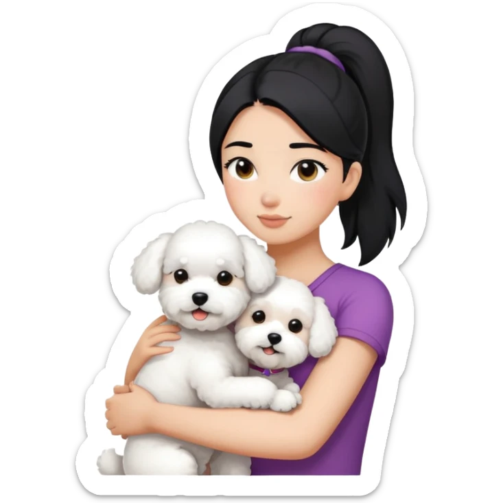 A girl with straight hair in a ponytail，hugging one Bichon frise sticker