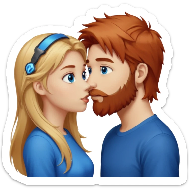 long blonde hair blue eyed gamer girl pink facing a reddish brownish hair and scruffy beard, blue eyed, white male whose holding her face kissing  sticker