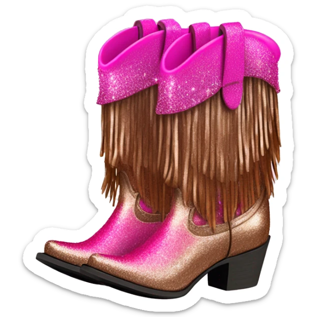 Realistic hot pink to bronze ombre pair of fashion cowgirl boots with sparkly shiny glitter fringe on them. sticker