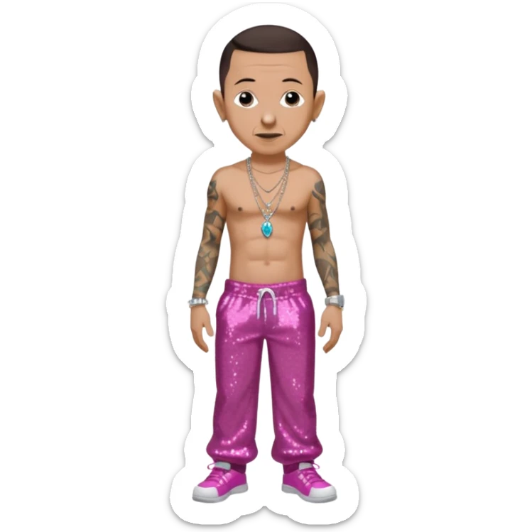 Chester Bennington with dark brown hair, dark pink sequin baggy pants, shirtless with necklace sticker