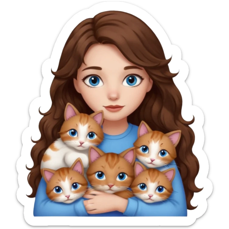 girl with long wavy brown hair, blue eyes, long lashes makeup, cuddling with 6 cats sticker
