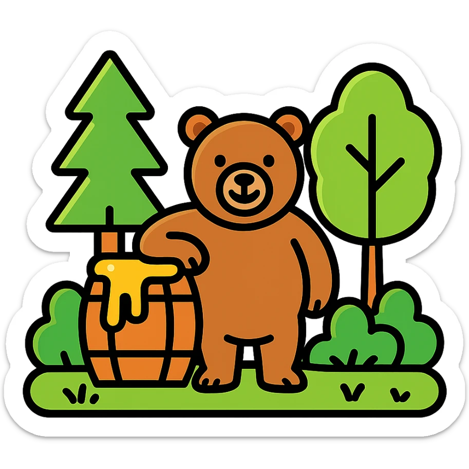 a playful bear standing next to a honey barrel with honey spilling out, in a bright, colorful forest with outlined trees and bushes, the bear has a friendly expression, cheerful and bold scene, outlined vibrant look sticker