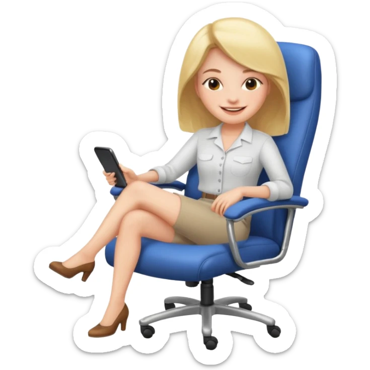 Woman having cartoon faced relaxing in an office chair and smiling sticker