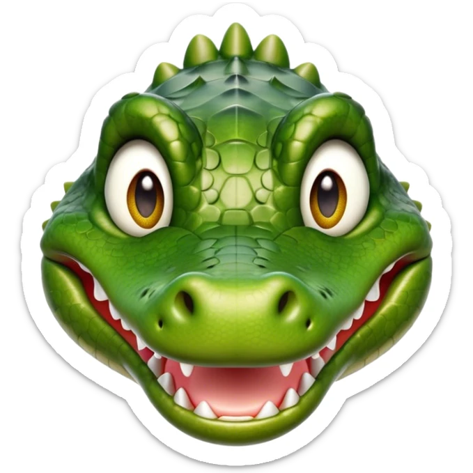 Cinematic Realistic Cute Crocodile Portrait Emoji, Head tilted playfully and inquisitively, featuring a robust, well-defined build with intricately detailed, glossy olive-green scales and a surprisingly endearing face with round, sparkling eyes full of unexpected charm, rendered with lifelike texture and natural highlights, high shine, affectionate and spirited, styled with a touch of wild whimsy, soft glowing outline, capturing the essence of a mischievous yet lovable crocodile that seems poised to snap playfully out of the screen into your arms! sticker