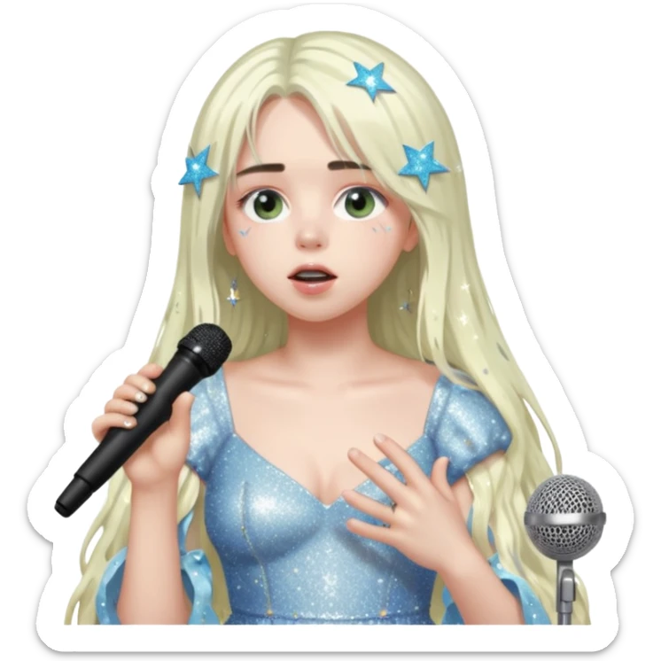 billie eilish is singing, holding mirco and twinkle dresss, white long hair, thin  sticker