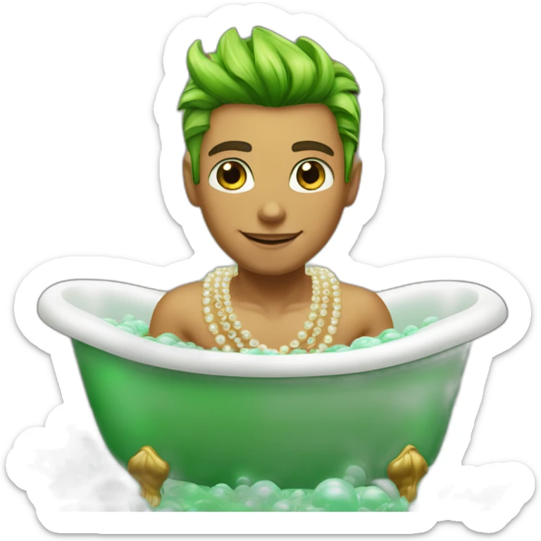 Posh-muscle-boy-green-eyes-rainbow-hair-pearl-necklace-in-golden-bathtub sticker