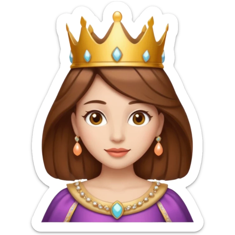 vull un perosnatge estil bimoji que sigui una figura radiante y serena. Se la describe como hermosa y deseable. Cabello castaño y labios carnosos y de un color meocoton, ojos color miel y una vestimenta digna de la realeza, sin olvidar su corona sticker
