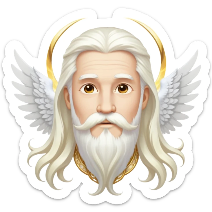 God-like figure with majestic white wings, long flowing white hair, beard and mustache, wearing gold dangle earrings, glowing aura sticker