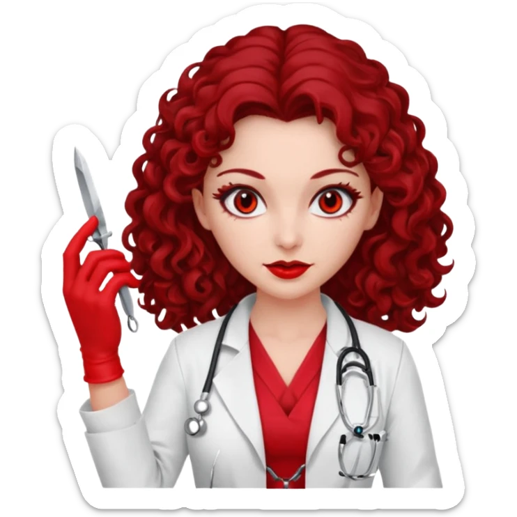 Lilith scalpel in hand, evil surgeon red outfit.  She has red eyes. She has dark brown long curly hair. Wears sexy doctor outfit with red gloves sticker