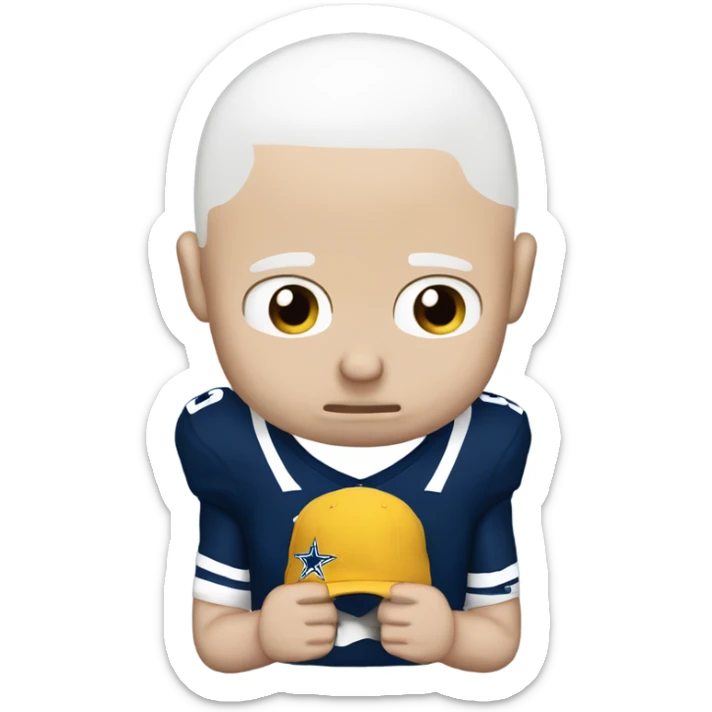 Bald white male holding Dallas Cowboys hat. He’s crying because he’s ashamed of being bald  sticker