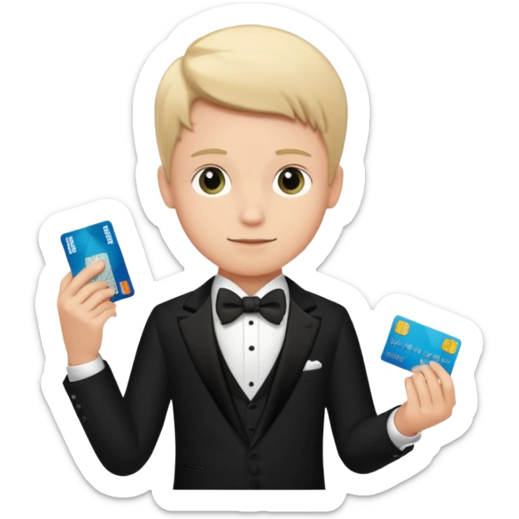 make a genmoji of a boy with a an amex card in hand and wearing a tux sticker