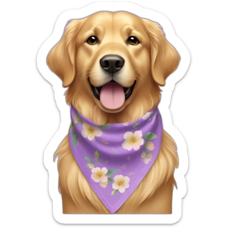 Full body Golden retriever wearing lilac floral bandana around neck sticker