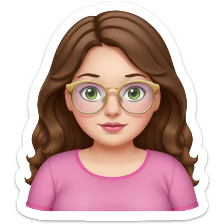 Girl girl long wavy brown hair with middle part, pale green eyes, plus size, pink girly top, gold rimmed glasses sticker
