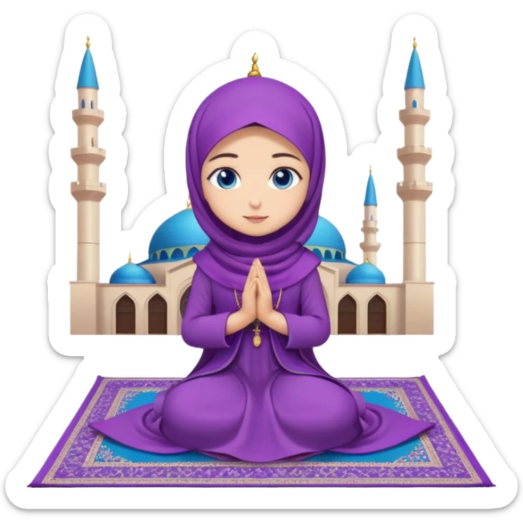 Turkish beautiful finish Konya girl blue eyes with purple flower hijab long tail dress and sits on the pray mat namaz on the ground with Islamic dua  sticker