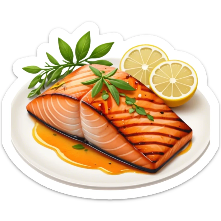 Cinematic perfectly grilled salmon, rich orange hues with crispy skin, garnished with fresh herbs, drizzled with lemon, ultra-detailed and delicious. sticker