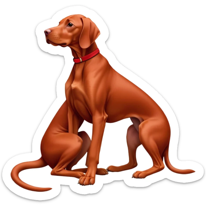 cinematic-[Vizsla-realistic-full-body-sitting-emoji,-tail-resting-loosely-beside-its-paws,-head-tilted-dramatically, -sleek-[red]-fur,-simplified-yet-realistic-focused-features,-highly-detailed,-glowing-with-an-almost-sarcastic-glow sticker