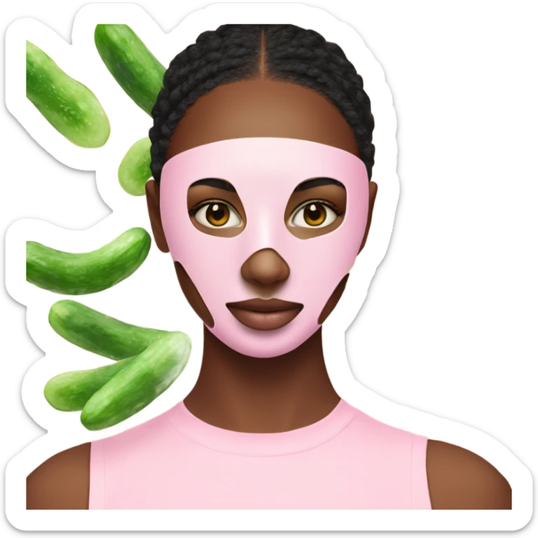 teen girl wearing pink skincare facial mask with 2 cucumbers over her eyes sticker