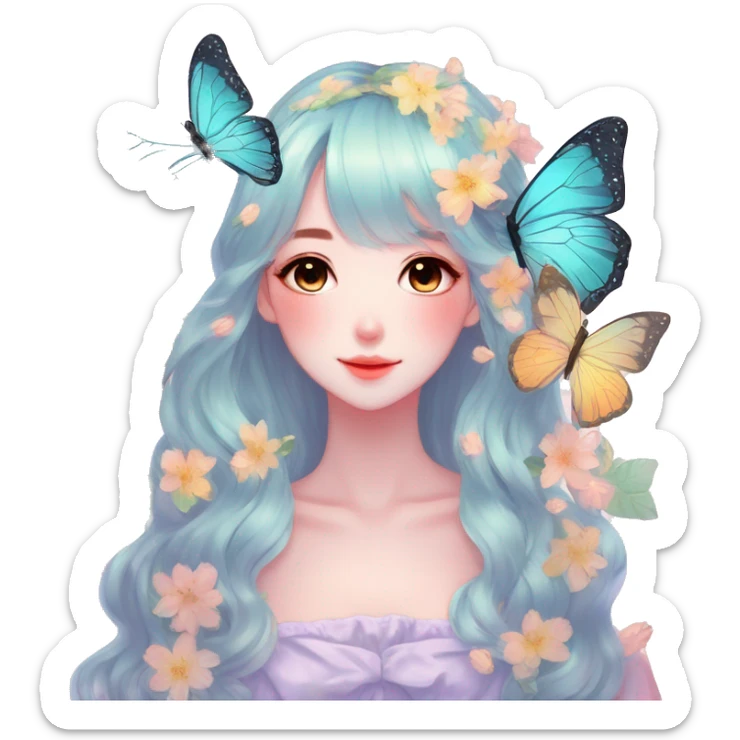 Gorgeous Shiny Pastel Anime-Style Lady Butterflies flower petals leaves around cottage core pastelcore kawaii aesthetic trending style sticker