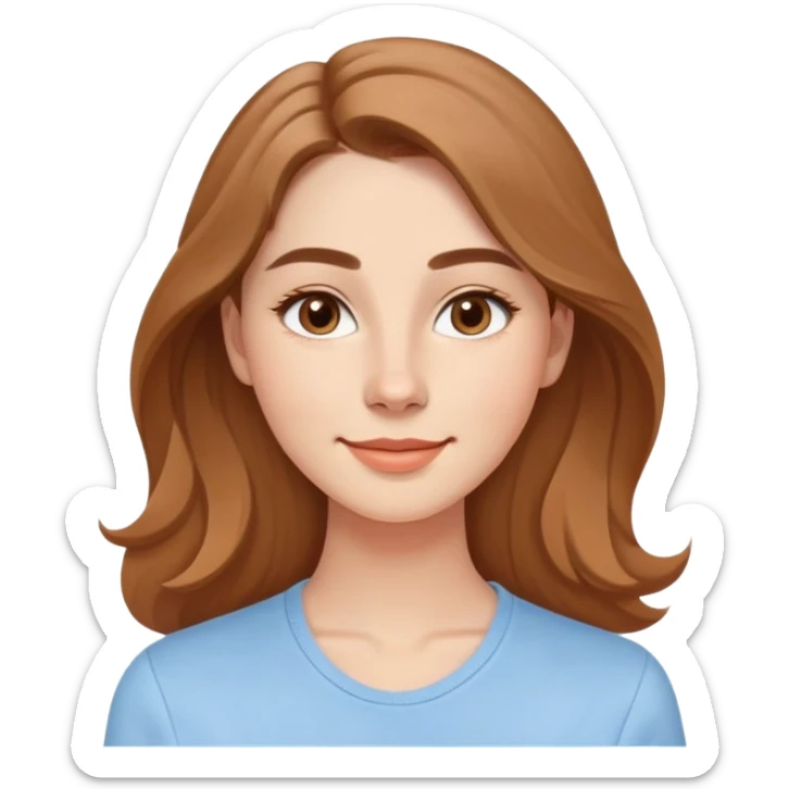 Young adult woman with oval delicate face, soft features, fine jawline, bright friendly smile, large expressive light brown almond eyes, medium arched eyebrows, proportional nose, defined lips, long light brown hair with gentle waves, wearing a casual feminine-cut light blue shirt sticker